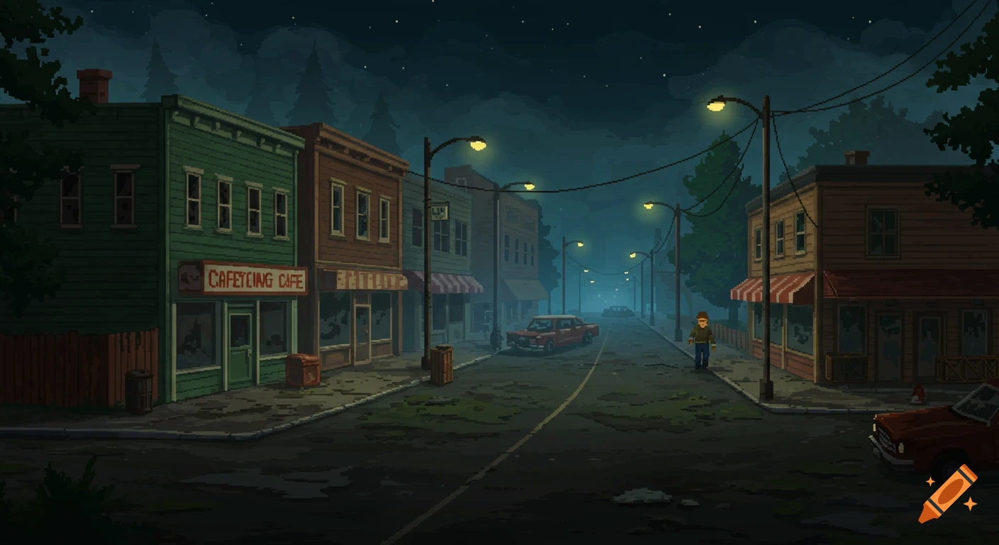 A dark pixel art street scene of a retro, abandoned American small town at night with fog, featuring cafes, shops, streetlights, and a lone person.
