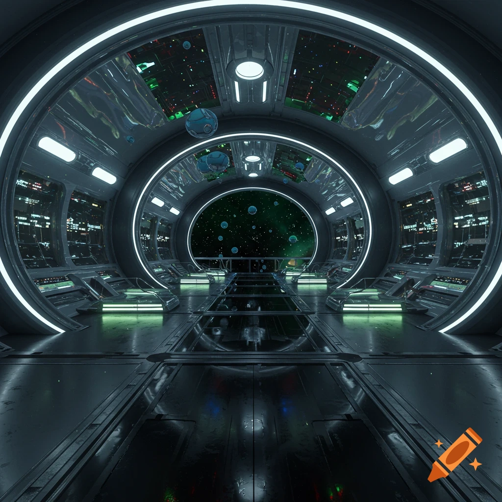 A futuristic spaceship interior with a large circular window looking out into a green nebula filled with glowing bubbles and stars.