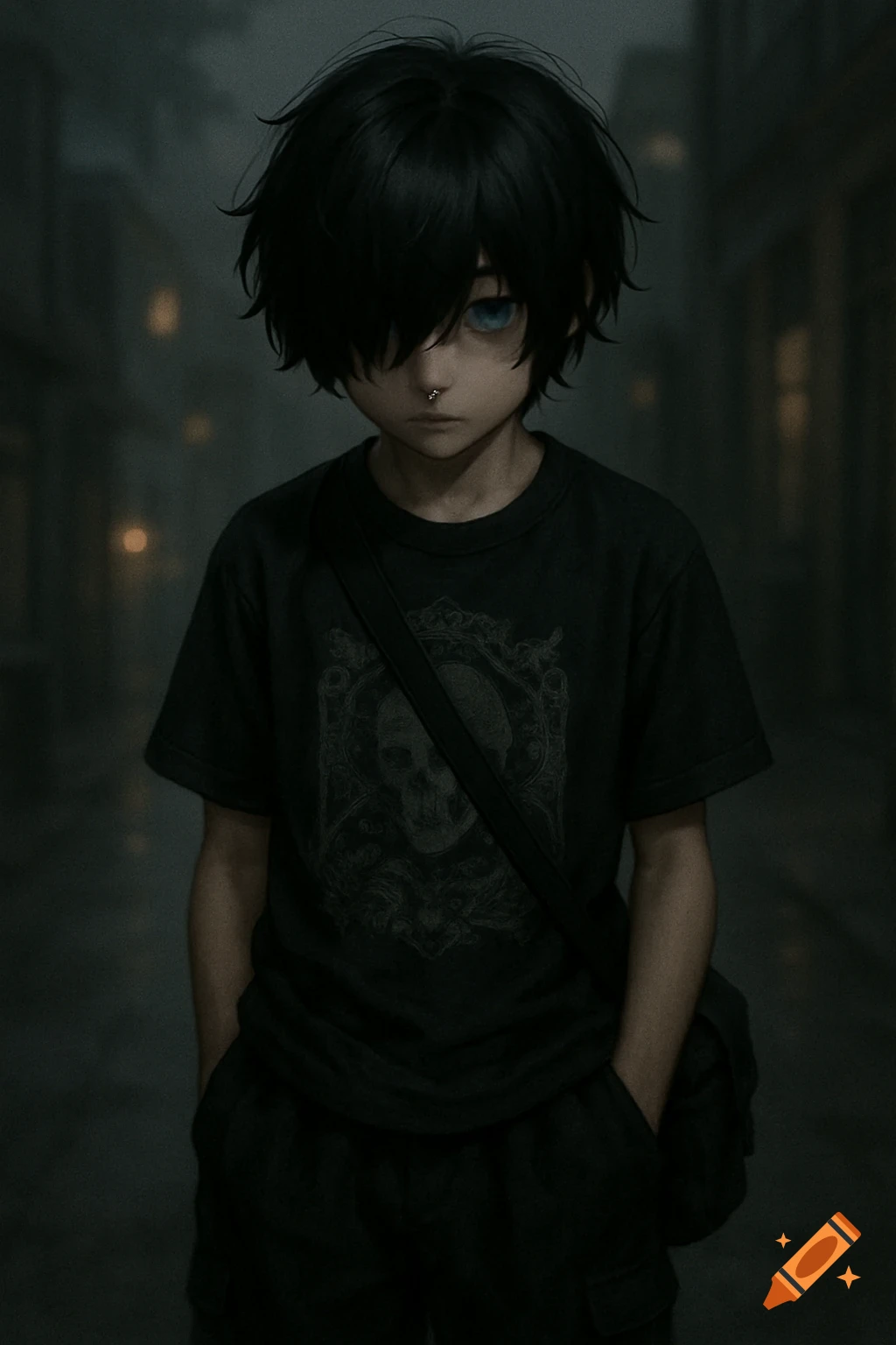 A moody anime boy with black hair covering one blue eye, wearing a black graphic t-shirt and baggy pants, with a septum piercing.