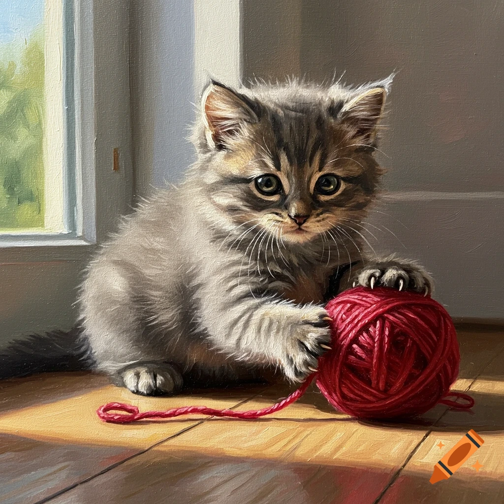 A cute tabby kitten with green eyes paws at a red ball of yarn on a wooden floor, sunlit by a window, in an oil painting.