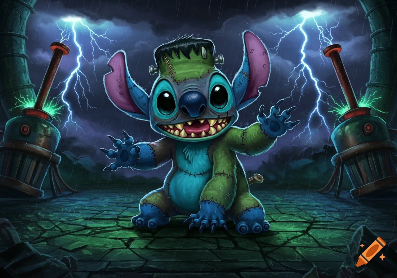 Cartoon Frankenstein-Stitch creature in a stormy landscape with lightning and electrical towers.
