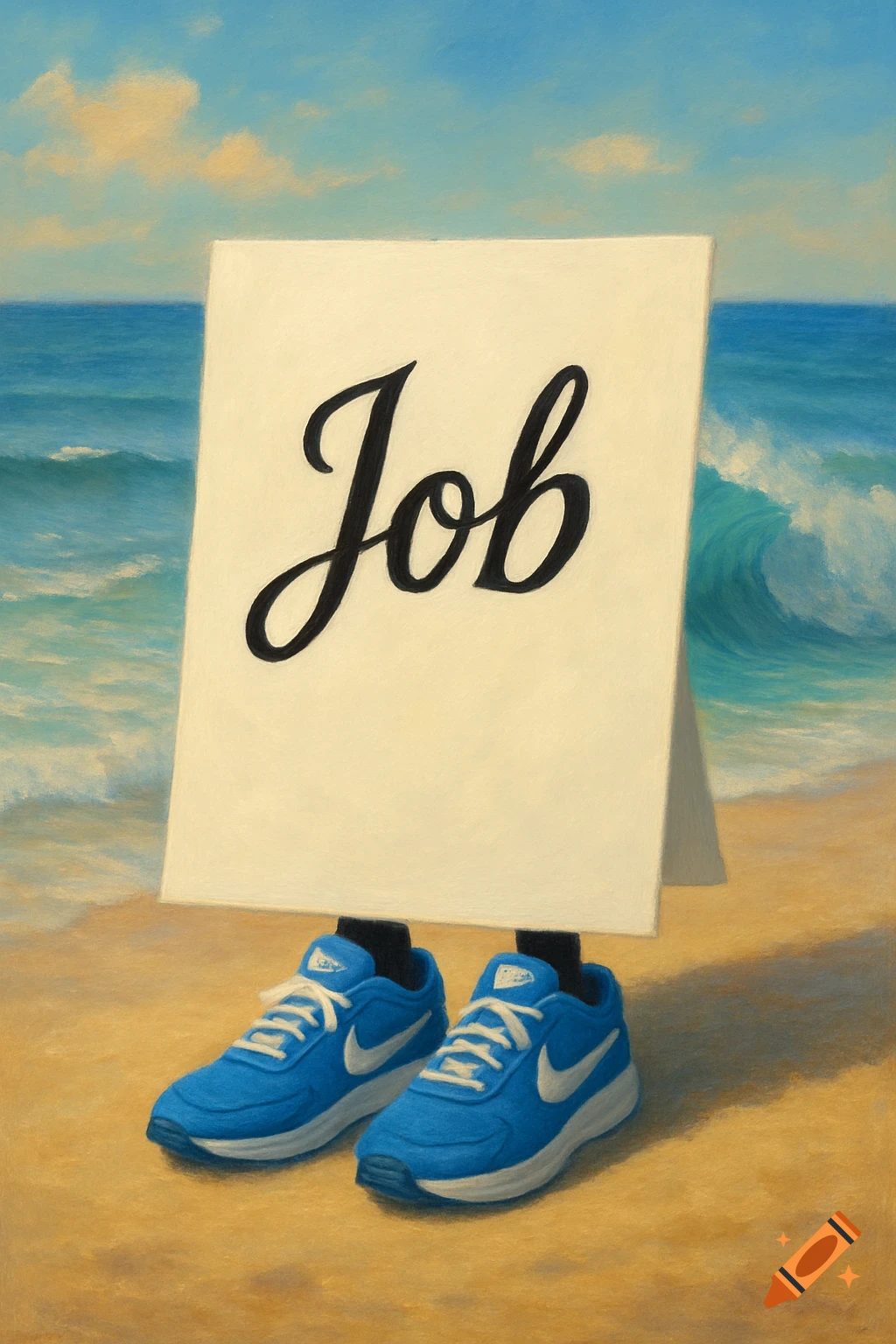A white sign with 'Job' in script, with blue running shoes under it, on a sandy beach with ocean waves.