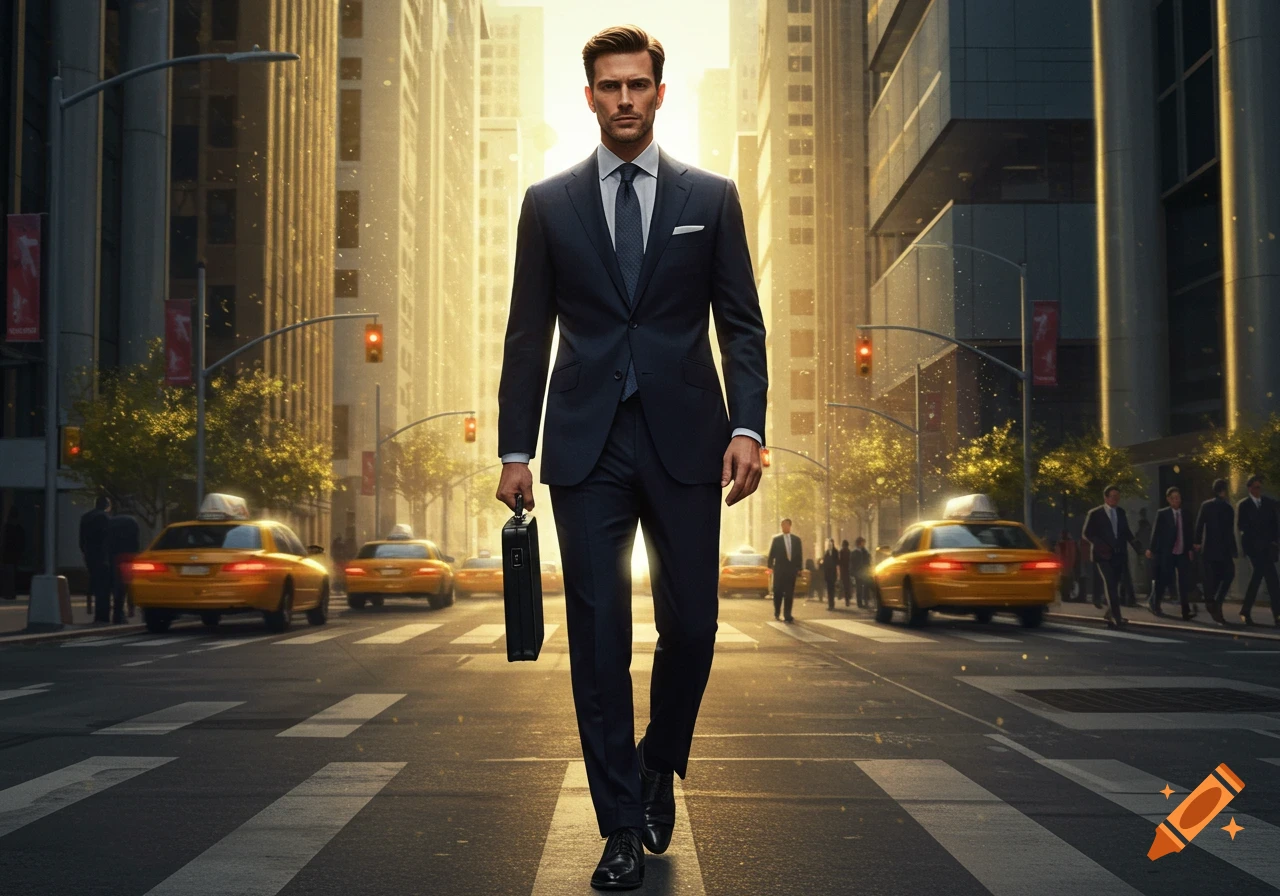 Photorealistic image of a man in a dark suit walking purposefully down a bright city street with skyscrapers and yellow taxis.