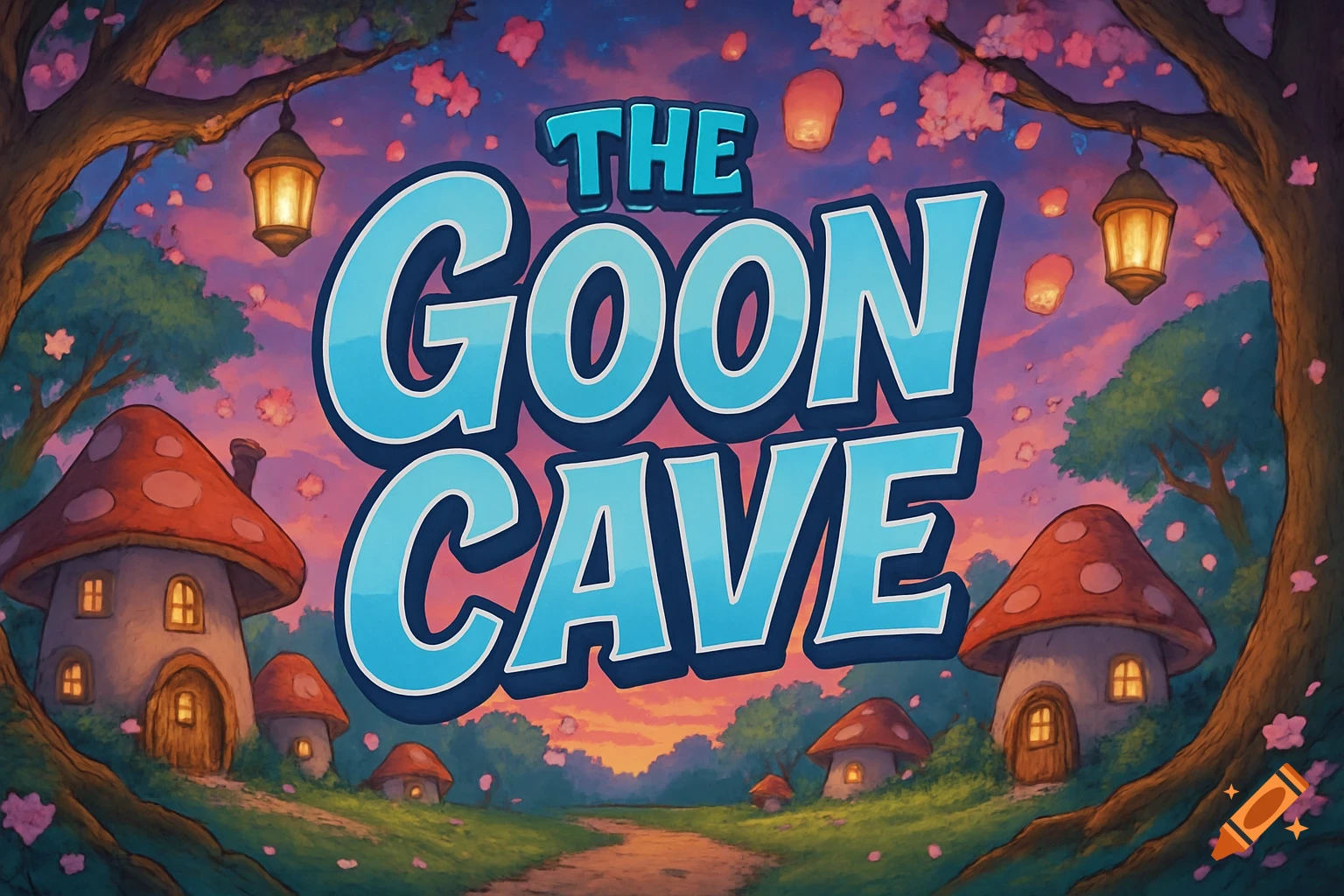 Anime style illustration of the title 'The Goon Cave' above mushroom houses in a magical forest with a sunset sky.