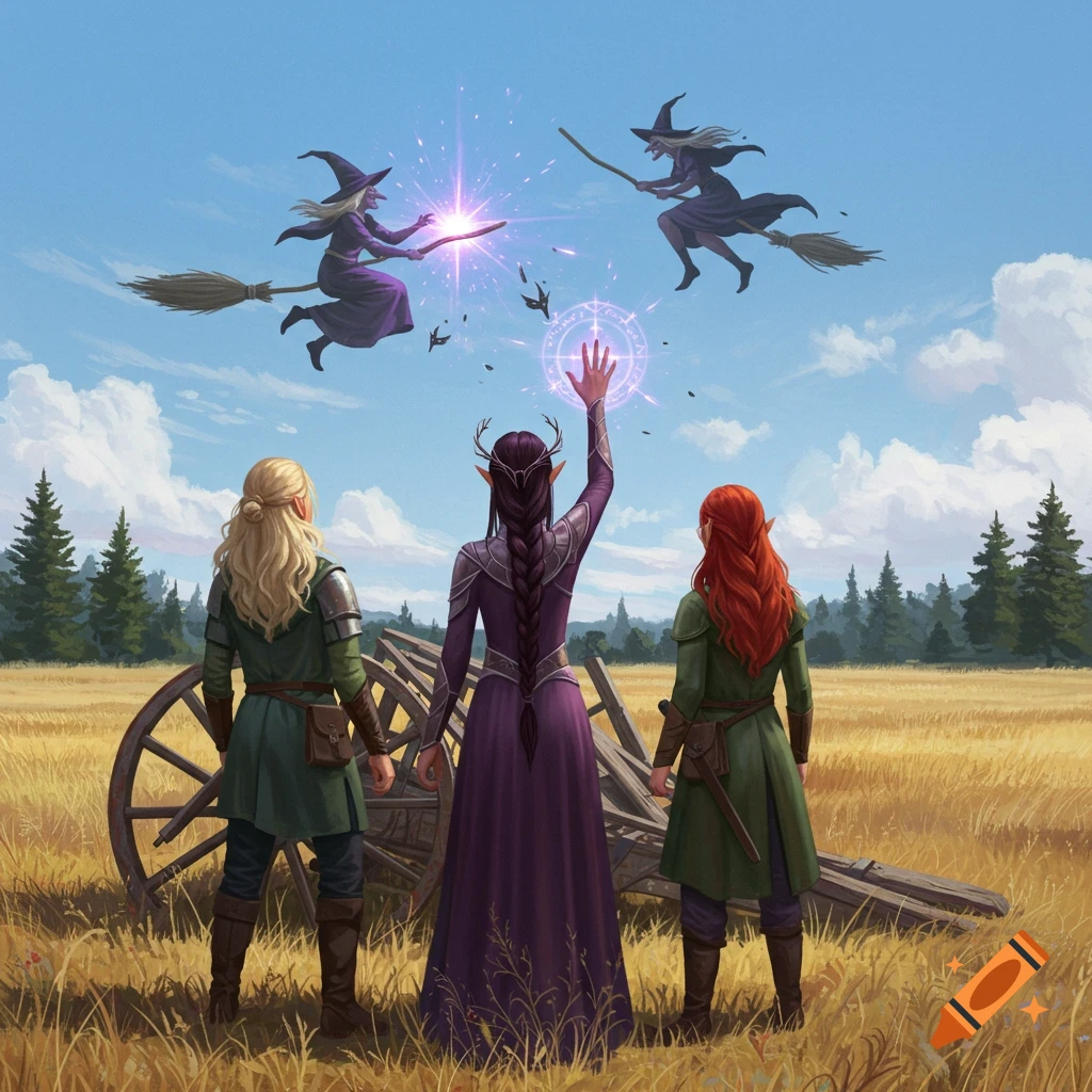 A semi-realistic painting of three women in a field looking up as one casts magic at two flying witches, disarming one.
