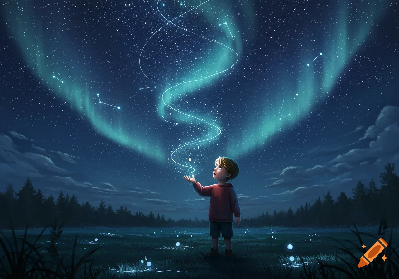 Illustrated boy in a field at night, looking up at a starry, aurora-lit sky as glowing particles rise from his hand.