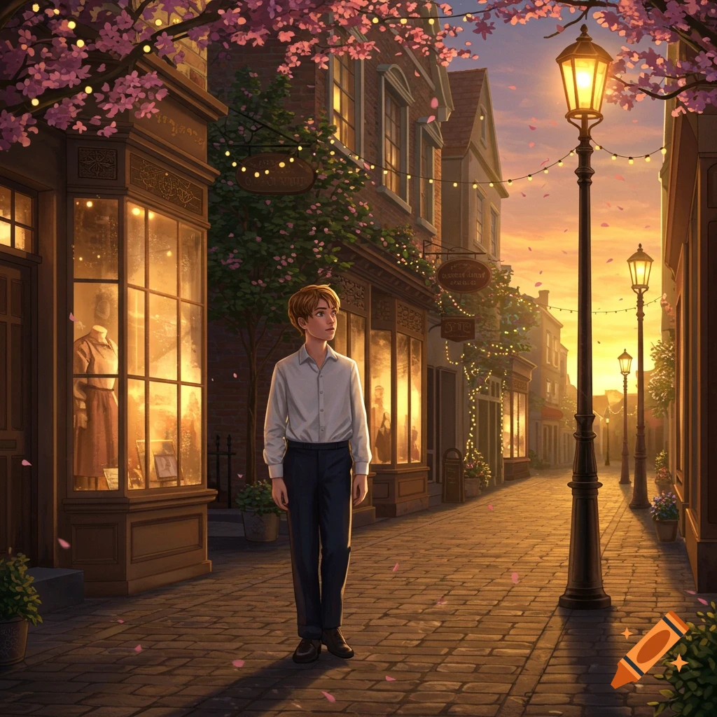 An illustration of a boy standing on a cobblestone street lined with shops, illuminated by lanterns and golden hour light, with cherry blossoms overhead.
