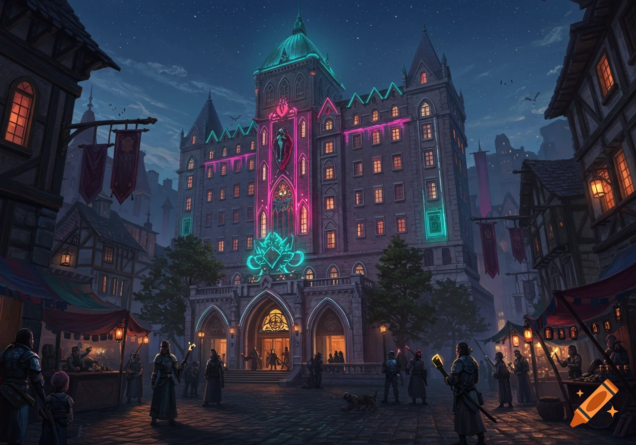 A vibrant D&D-style fantasy cityscape at night, featuring a grand, neon-lit casino hotel and bustling marketplace with armored figures.