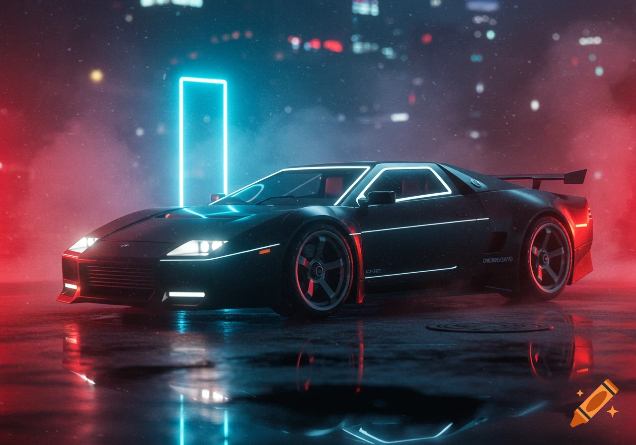 A sleek black futuristic sports car with neon blue and red lights on a wet street at night, reflecting the cityscape.
