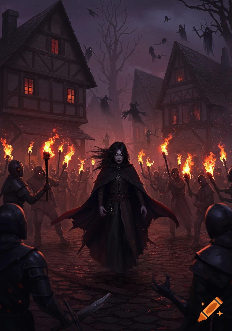 Dark fantasy art of a cloaked witch confronting a torch-wielding mob and flying specters in a gloomy village at night.