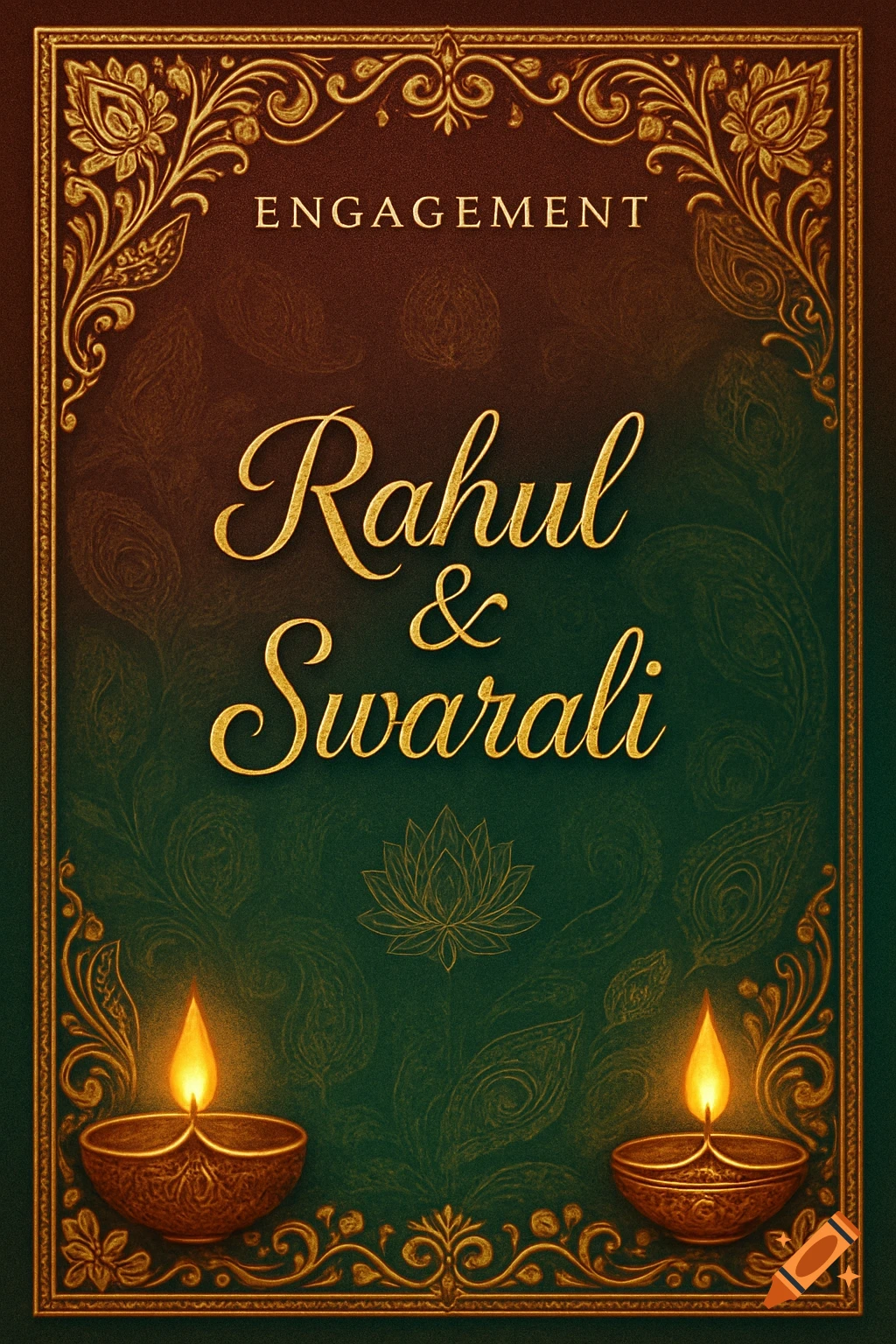 Ornate Indian engagement invitation for Rahul and Swarali, with gold patterns, lotus, and two lit oil lamps.