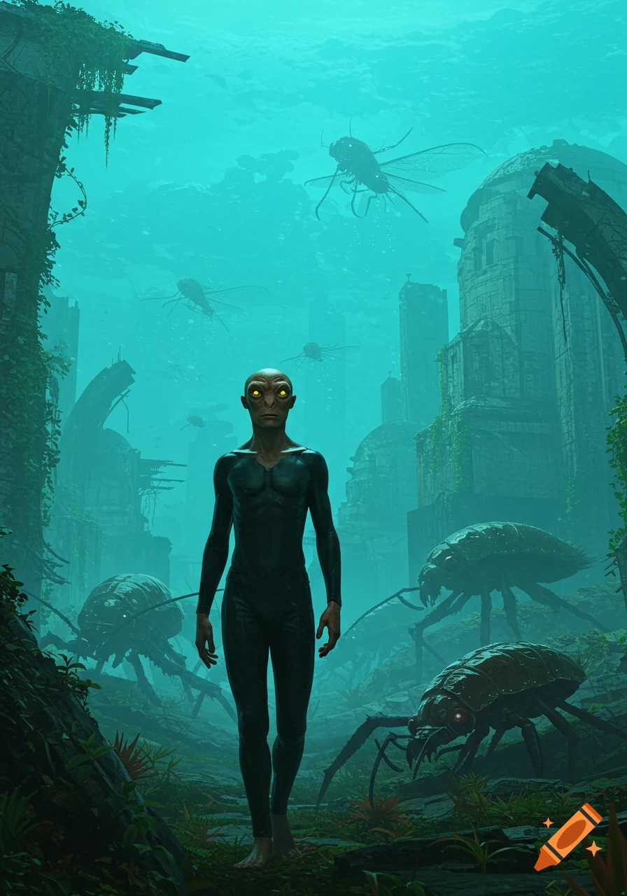 Bald, yellow-eyed alien in a black suit walks through a ruined underwater city with giant insects in a cyan atmosphere, digital art.
