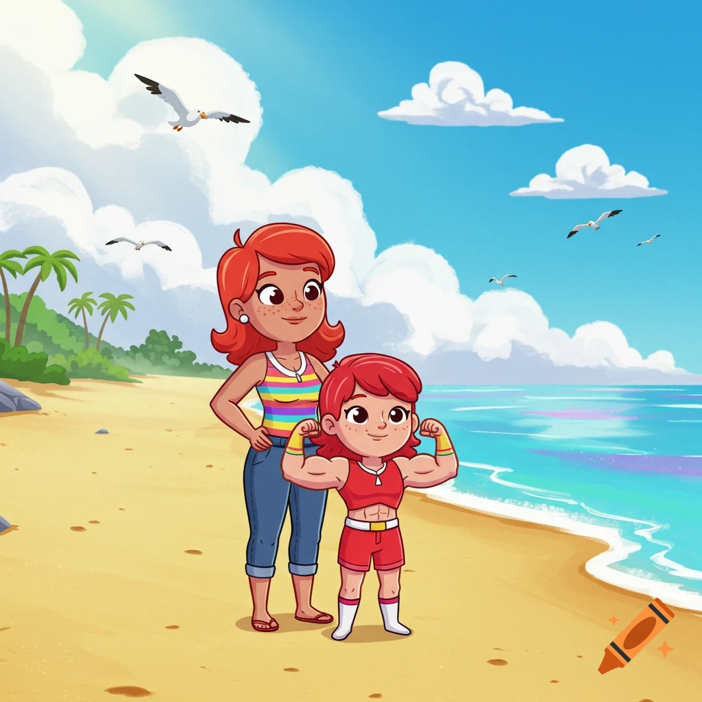 A cartoon mother and child with red hair at a sunny beach. The child flexes muscles while the mother stands beside her.