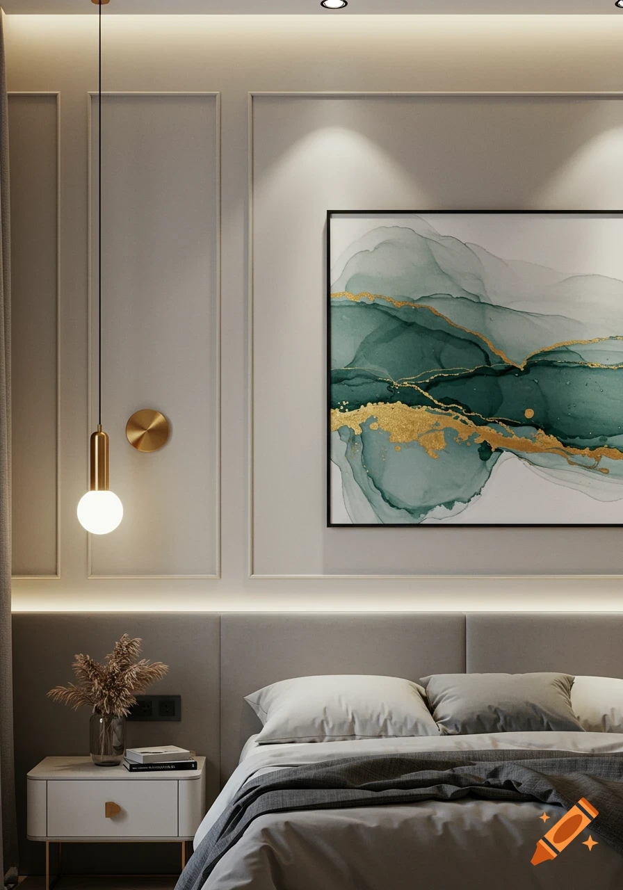 Modern bedroom with a bed, bedside table, hanging lamp, and abstract green and gold art on the wall.