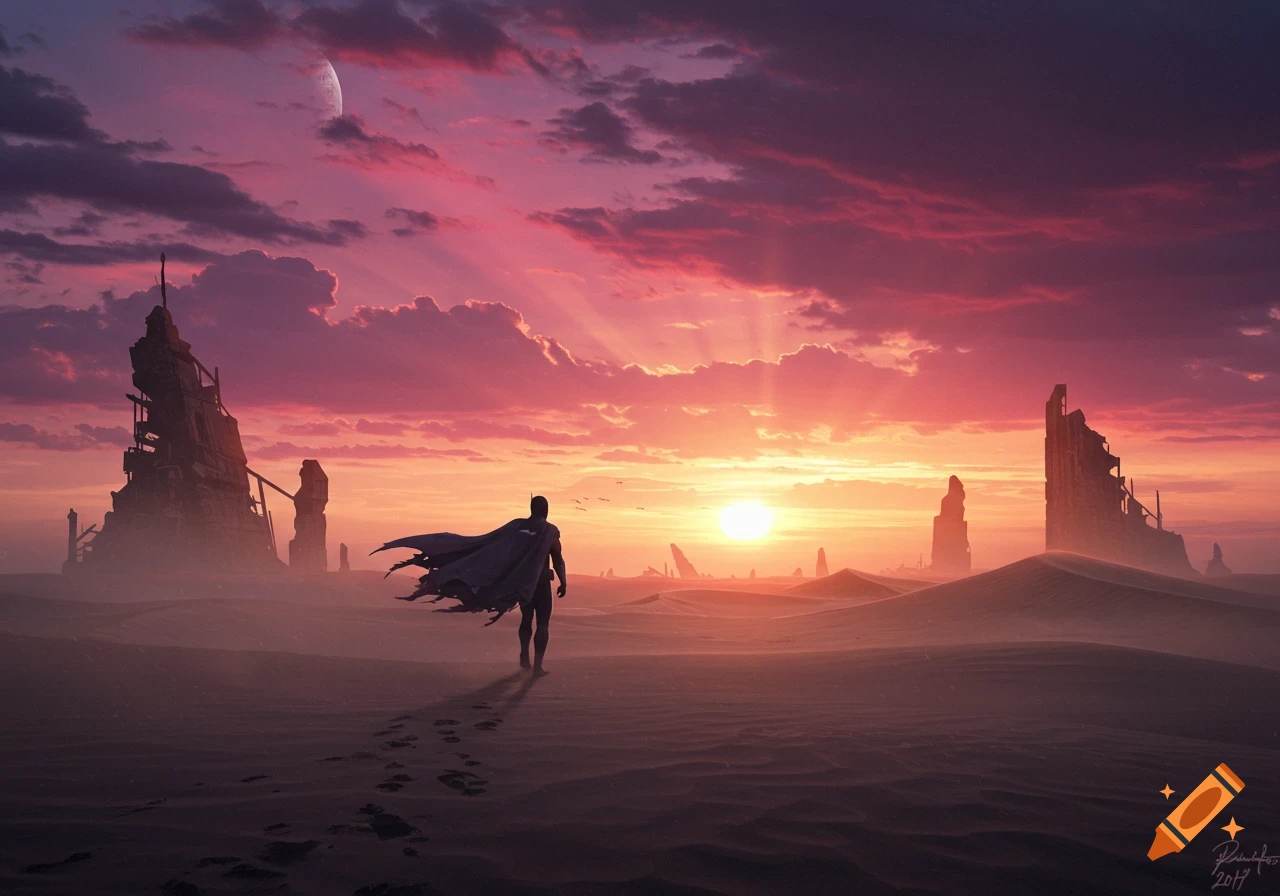 A lone superhero figure with a tattered cape walks across a vast desert wasteland with ruins at sunset, digital painting.
