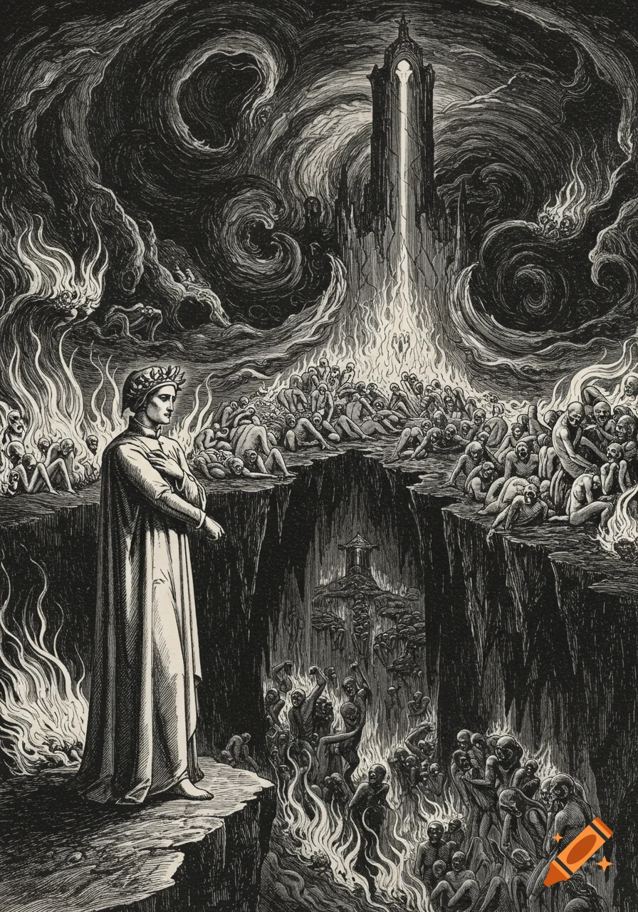 Black and white illustration of Dante observing souls suffering in hellfire within a deep chasm, with a dark, towering structure in the background.