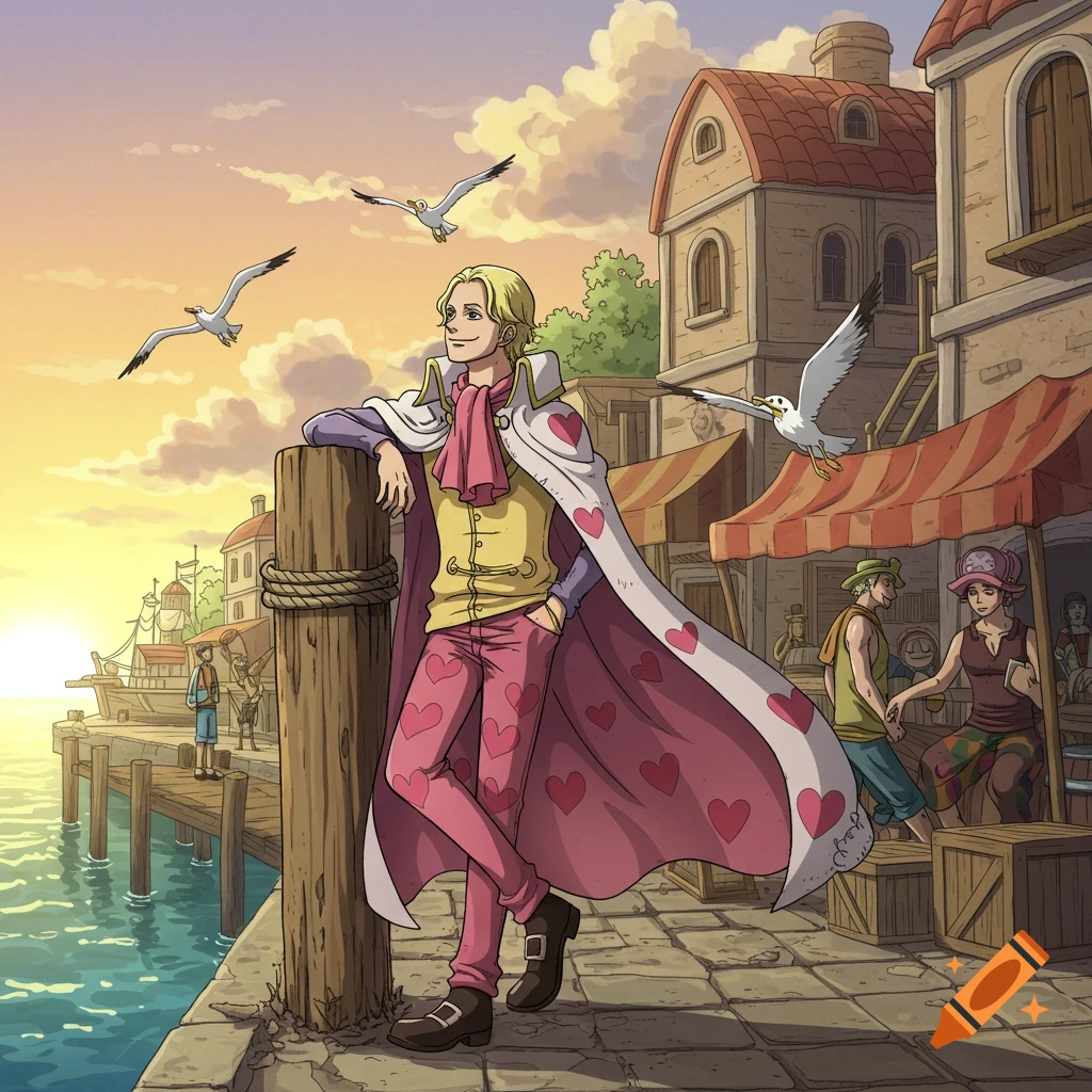 Anime man in a pink and white heart-patterned coat leans on a wooden post at a sunny port with seagulls and buildings.