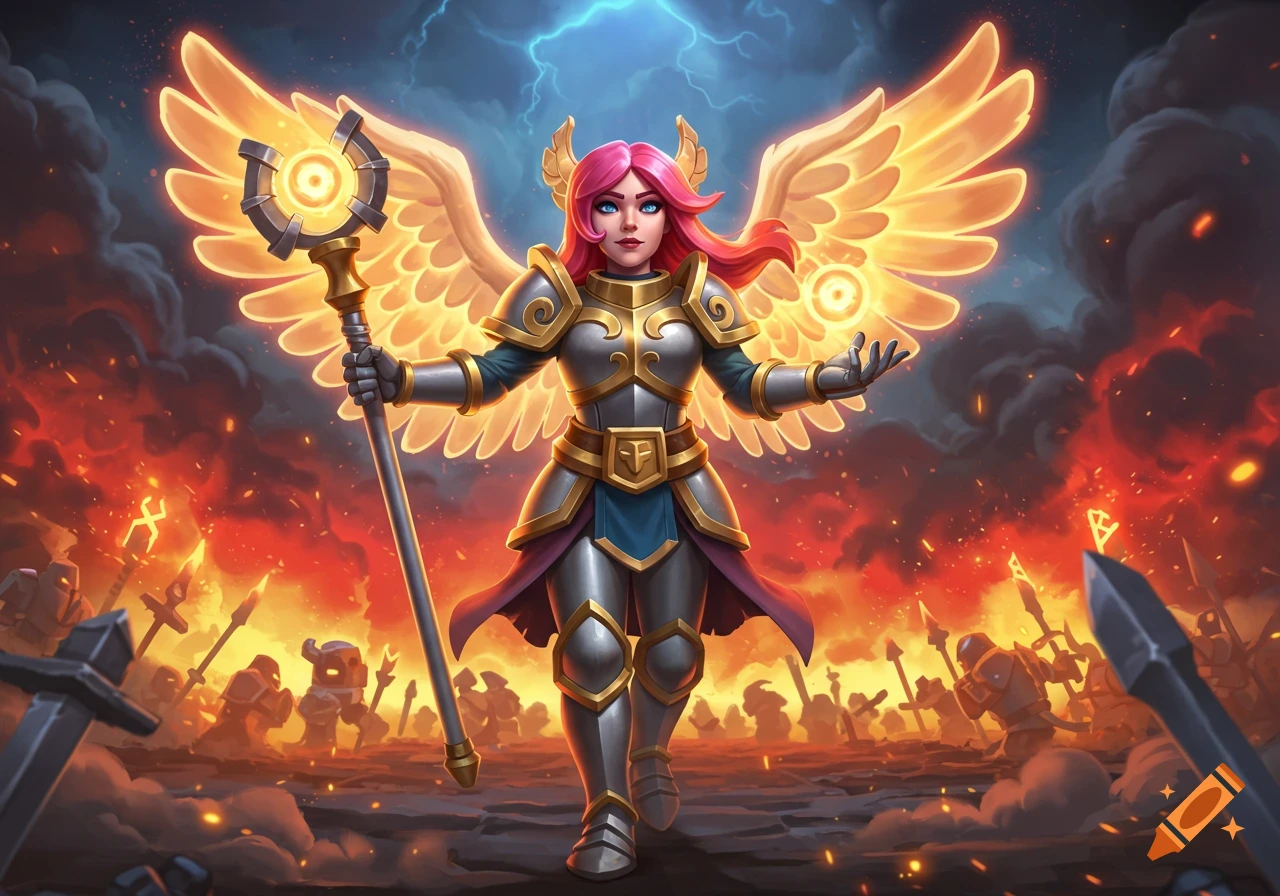 An anime-style battle healer with pink hair, golden wings, and silver armor stands on a fiery battlefield, holding a glowing staff under a lightning sky.