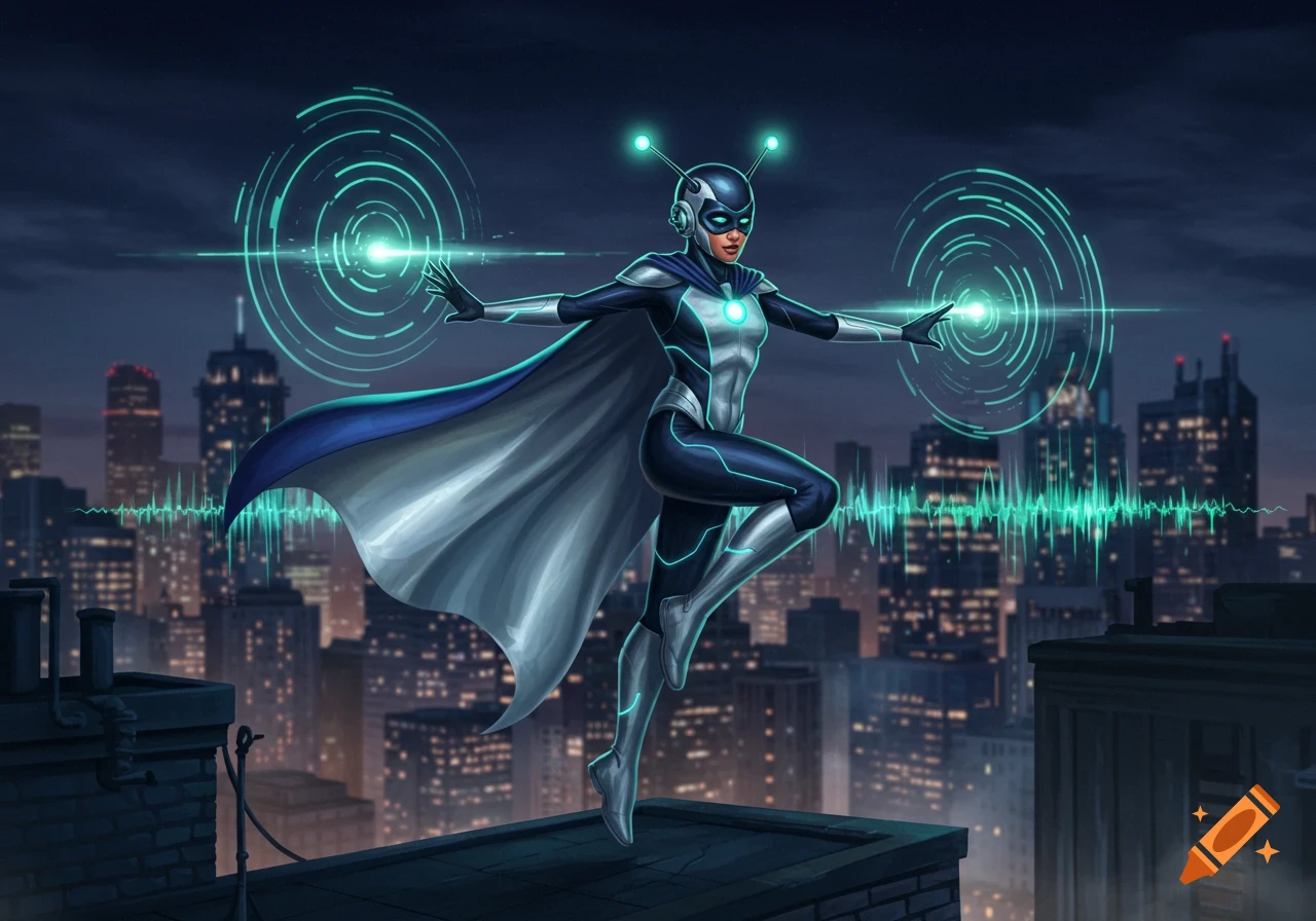 Female superhero in a blue and silver suit with glowing antennae and energy pulses from her hands, on a city rooftop at night.