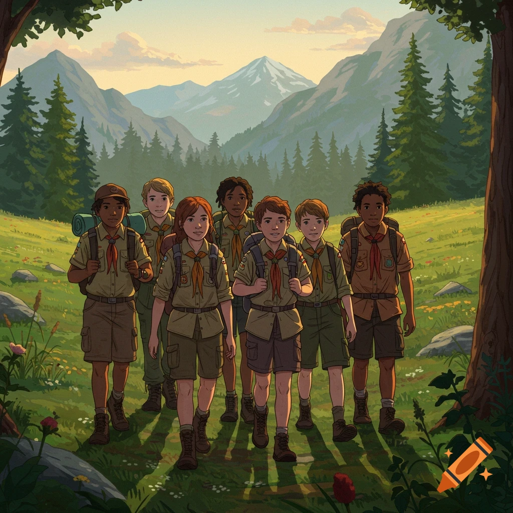 Illustrated group of diverse young scouts with backpacks walking through a grassy mountain landscape at sunset.