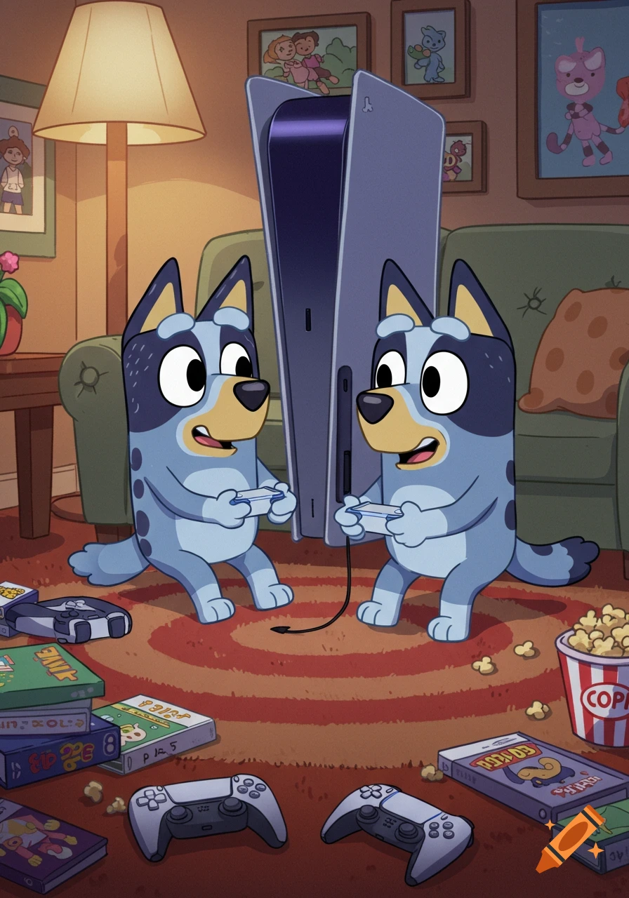 Bluey and Bingo, blue cartoon dogs, sit on a red rug playing a PlayStation 5 with controllers in a cozy living room.