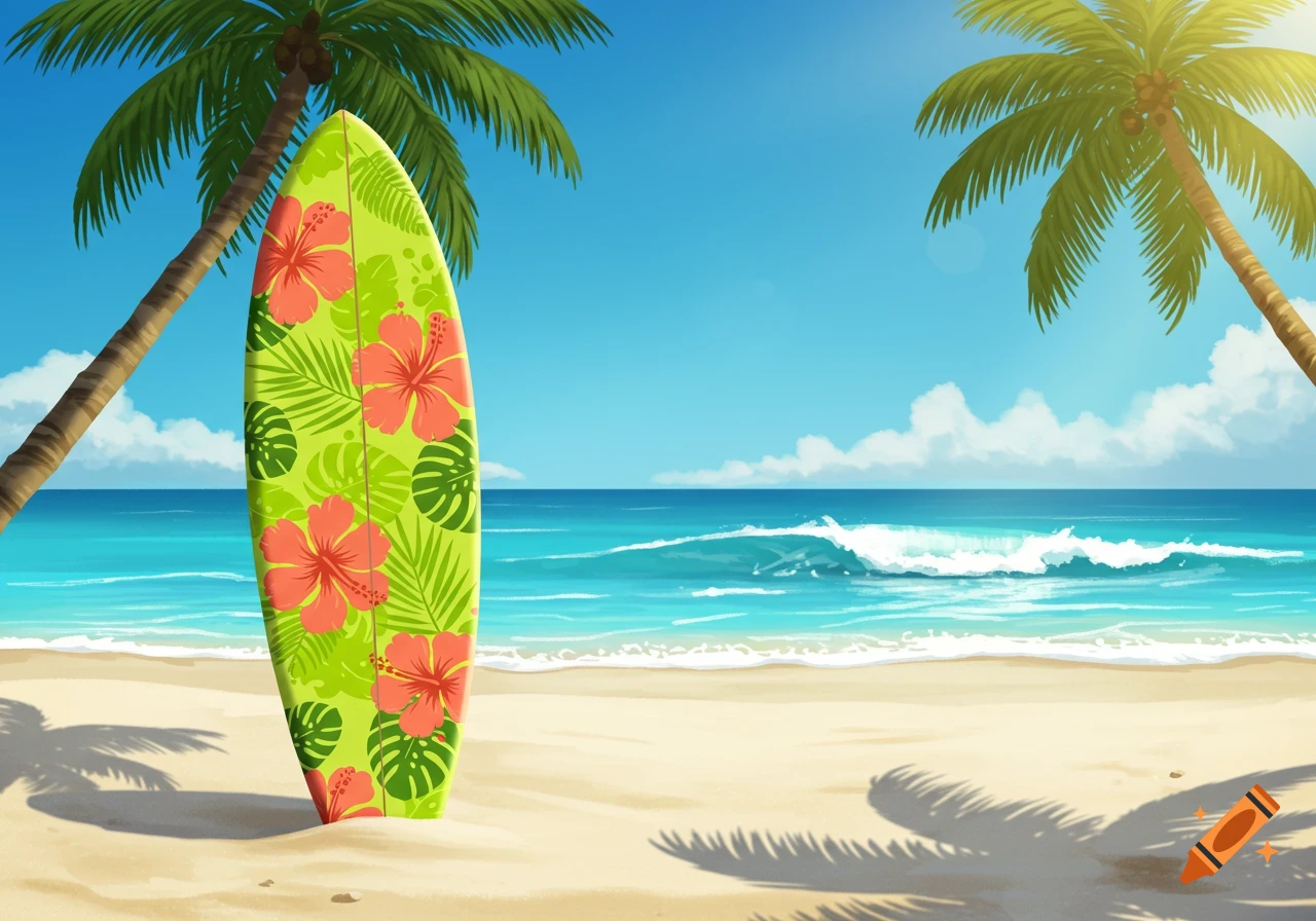 An illustrated tropical beach scene with a green surfboard decorated with red hibiscus flowers, palm trees, and ocean waves.