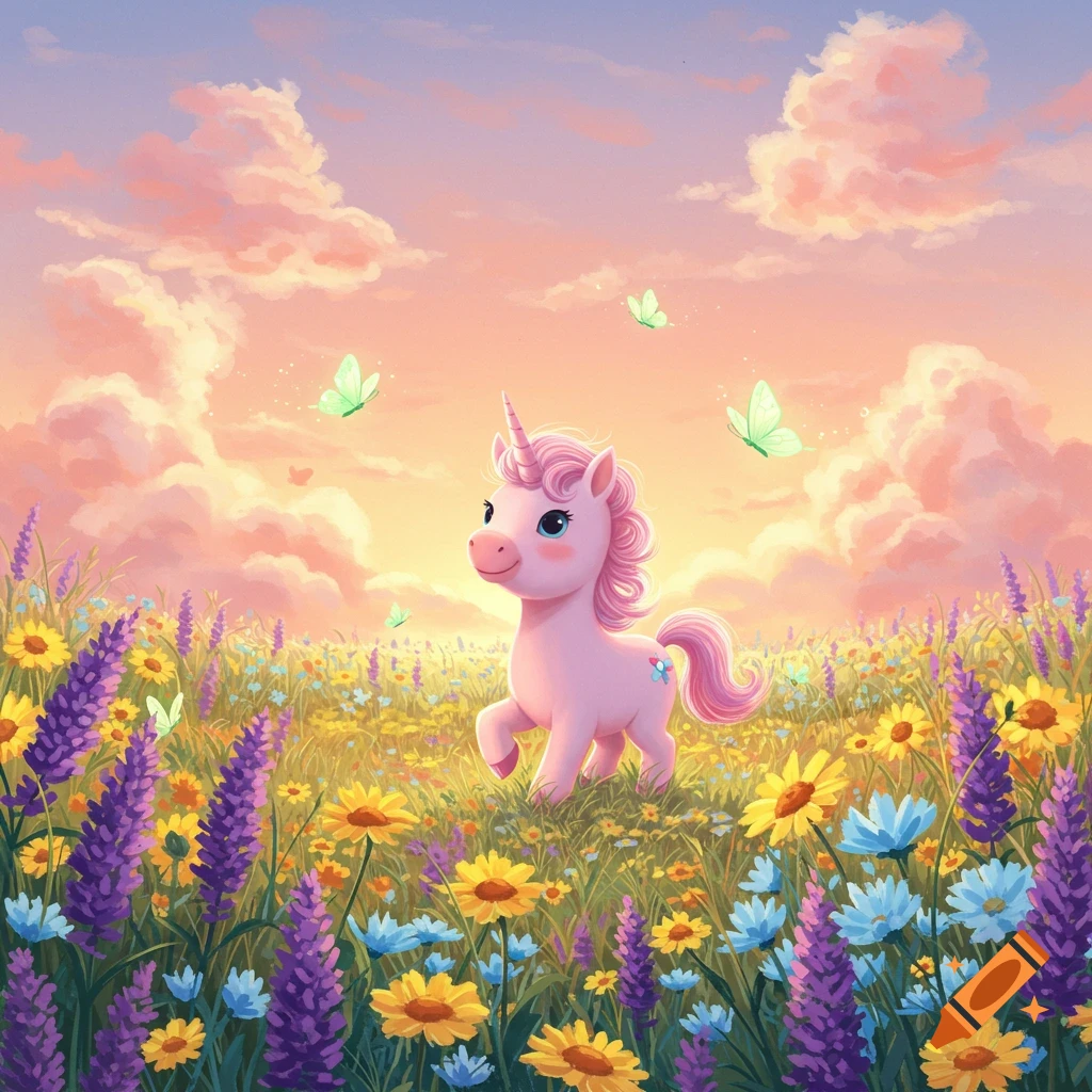 A cute pastel pink unicorn plays in a vibrant flower meadow under a soft, cloudy sunset sky with glowing butterflies.