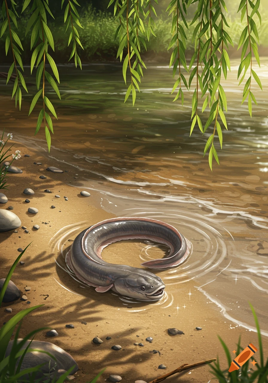 An eel-like fish rests on a sandy riverbank with shallow water and hanging green willow branches, in an illustration style.