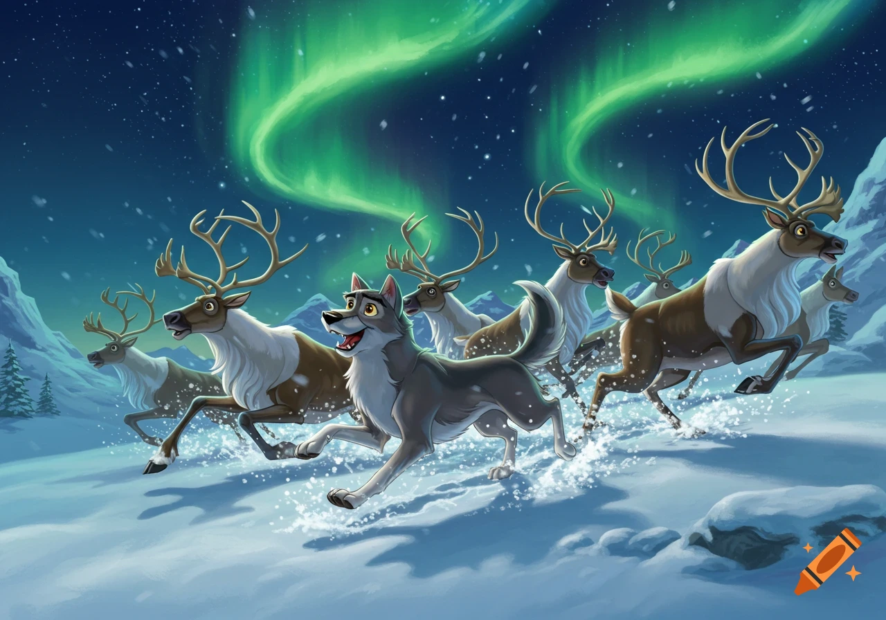 A gray wolf runs alongside a stampede of reindeer across a snowy landscape under a starry night sky with green aurora borealis.
