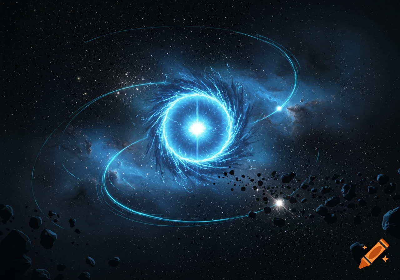 A bright blue swirling cosmic portal with energetic tendrils, set against a dark starry deep space background with blue nebulae and scattered asteroids.