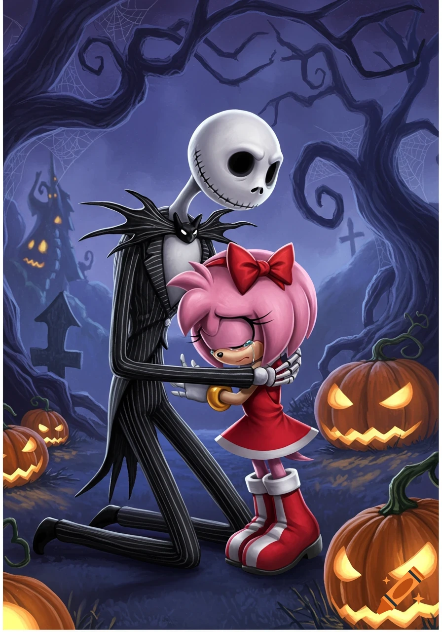 Jack Skellington kneels, hugging a crying Amy Rose in a spooky Halloween landscape with glowing pumpkins and a haunted house.