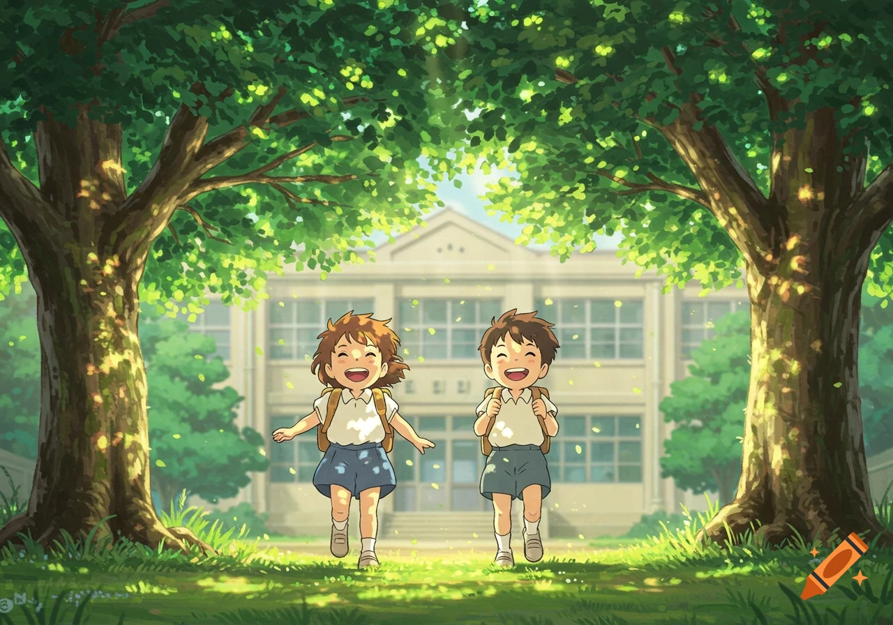 Two joyful Ghibli-style children run from a school building under leafy trees in dappled sunlight.