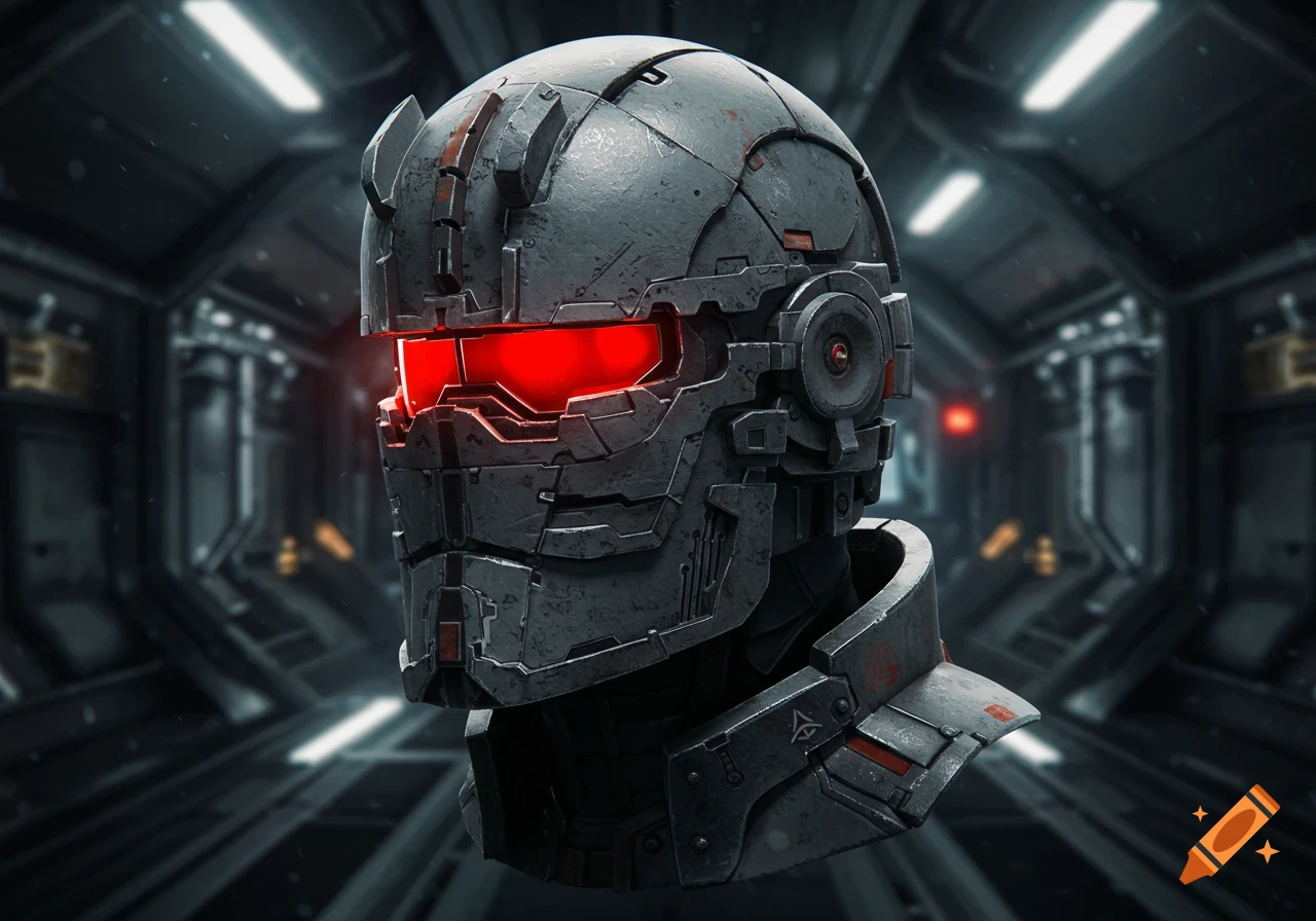 Close-up of a weathered, dark grey sci-fi helmet with a glowing red visor in a futuristic spaceship corridor.