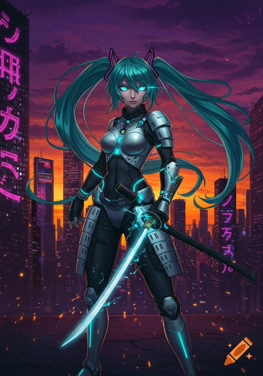 An anime girl with teal pigtails and glowing eyes, dressed in futuristic silver and black armor, holds a glowing blue katana in a cyberpunk city at sunset.