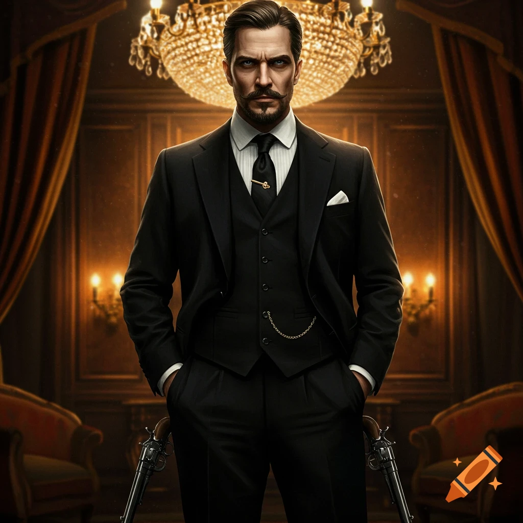 A man in a black suit, waistcoat, and tie with a tie clip stands dramatically in an opulent room under a chandelier, with two revolvers visible near his feet. He has a dark mustache and beard.