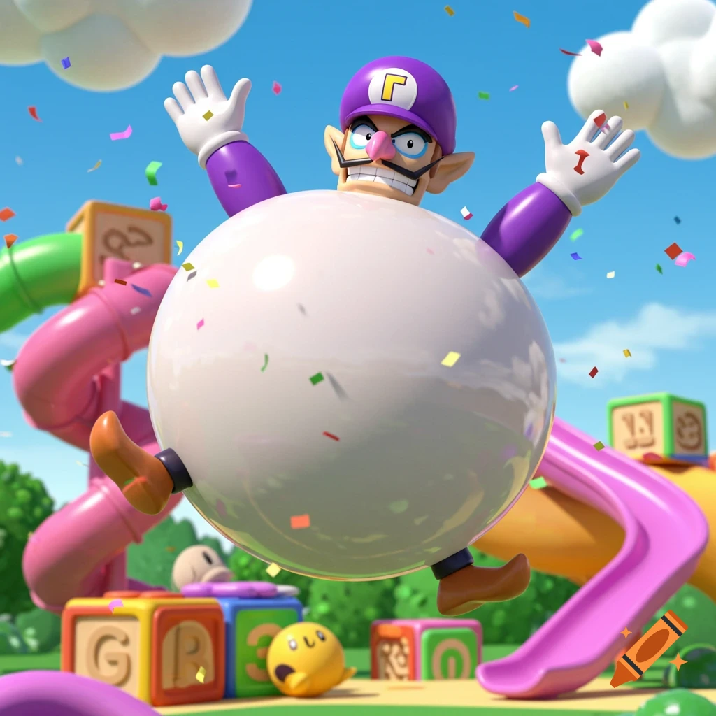 An inflated Waluigi floats in a bright, colorful playground scene with confetti, smiling with arms raised.