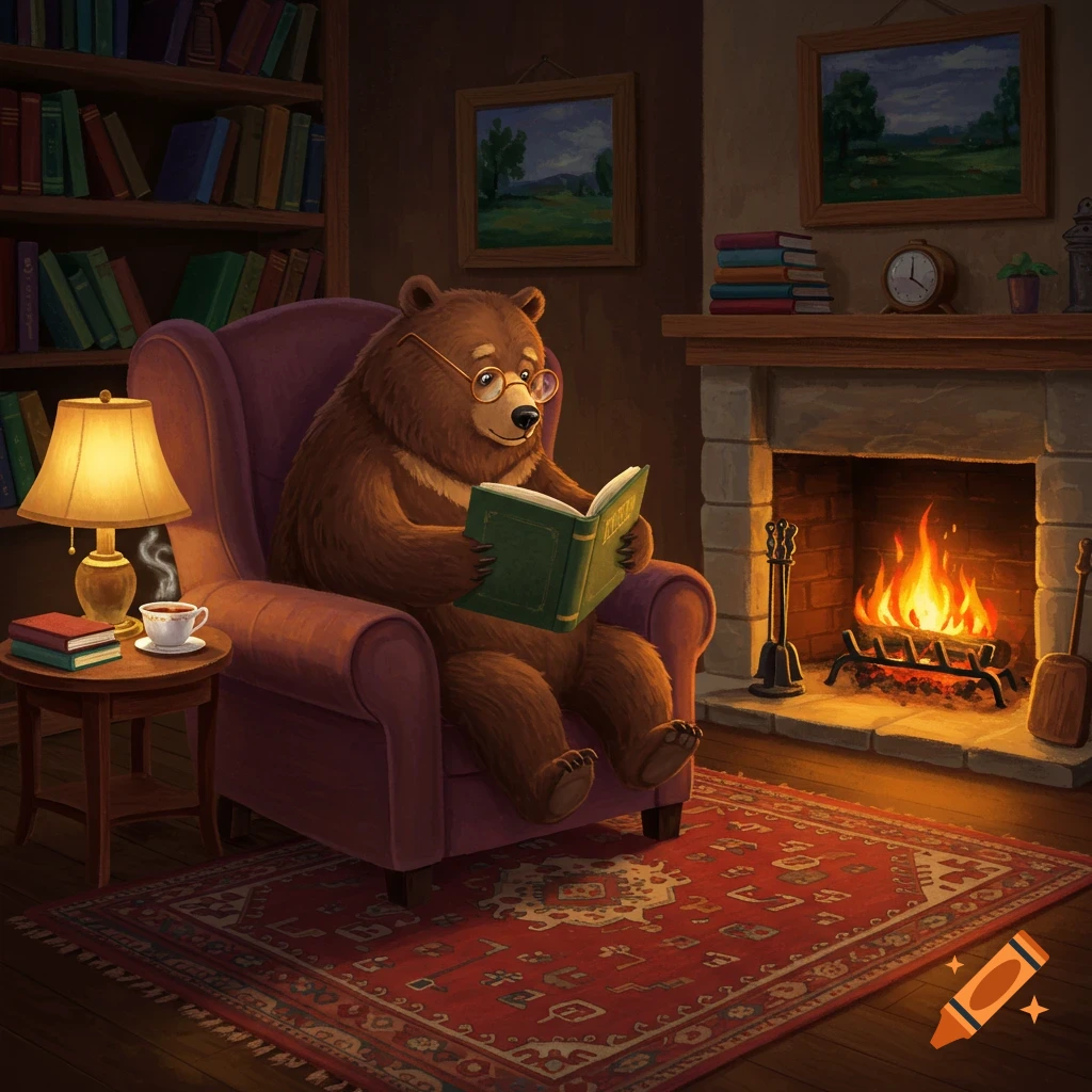 A bespectacled brown bear reads a book in a cozy armchair by a fireplace and a bookshelf, in a children's book illustration style.