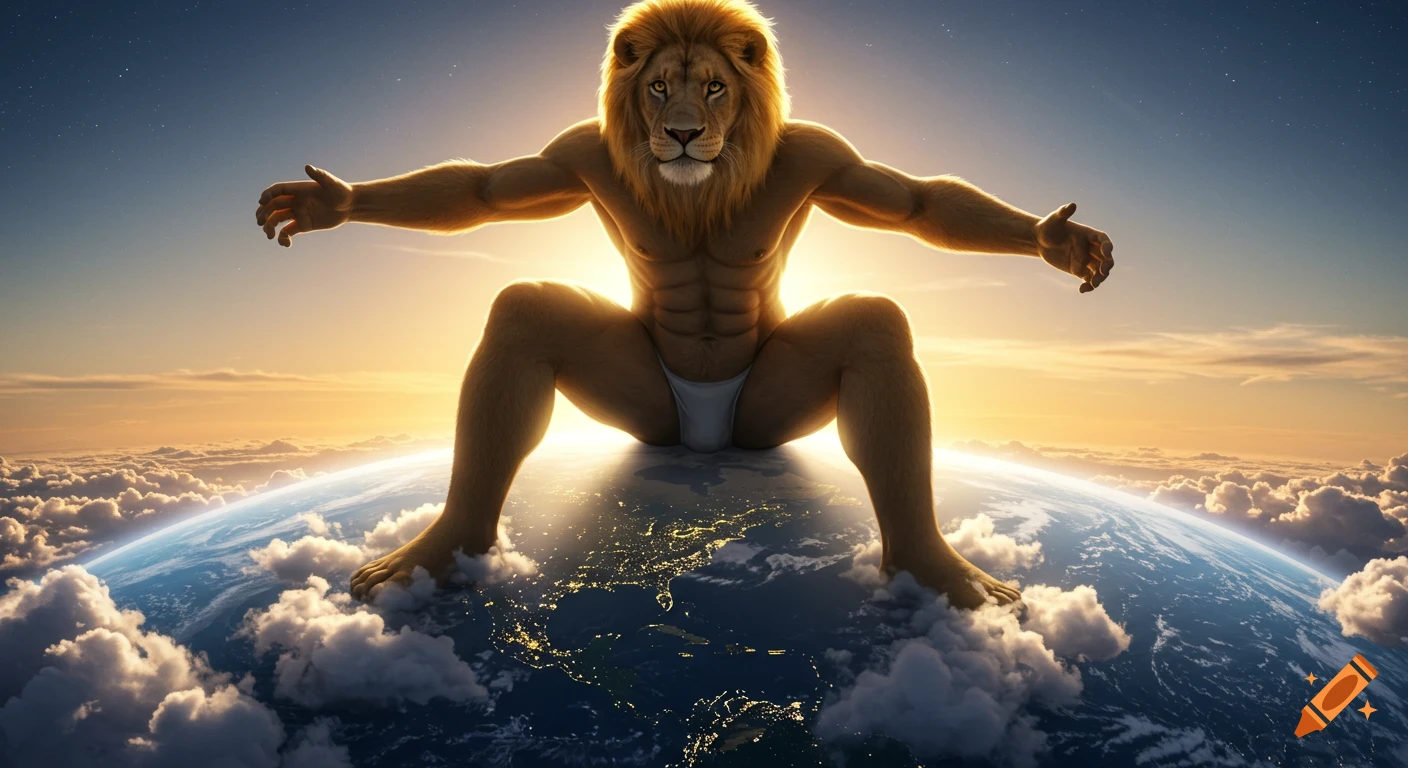 A gigantic photorealistic anthropomorphic lion in a speedo sits on Earth, stretching its arms out, viewed from space with clouds and a glowing sky.