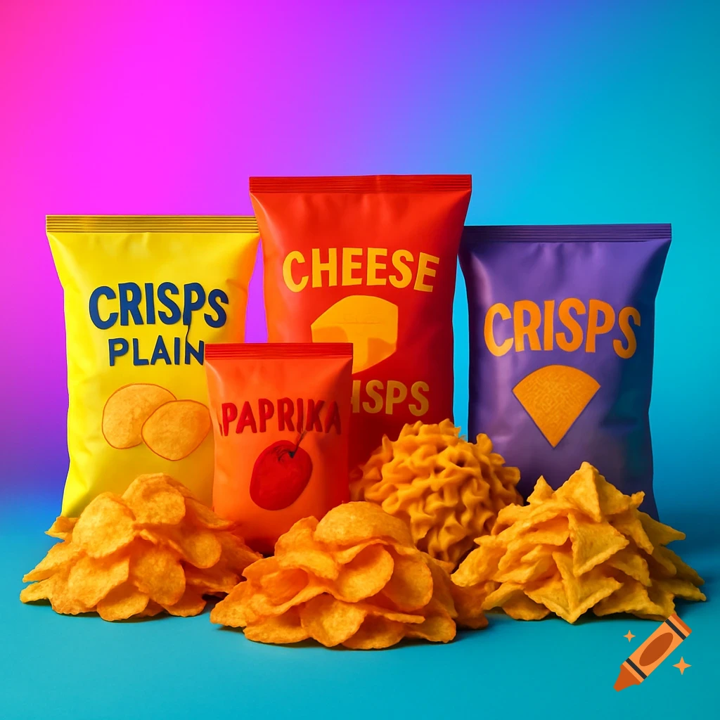 Piles of various crisps, including plain, paprika, cheese, curls, and nachos, with colorful corresponding packaging against a neon gradient background.