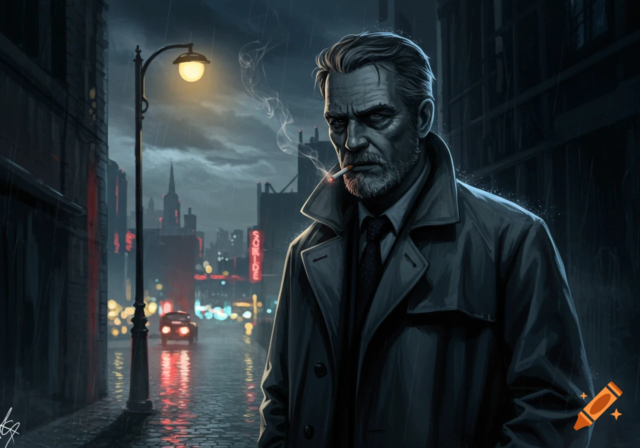 A skeptical man with a beard and trench coat smokes a cigarette on a rainy, dark city street under a lamppost, in a noir illustration.