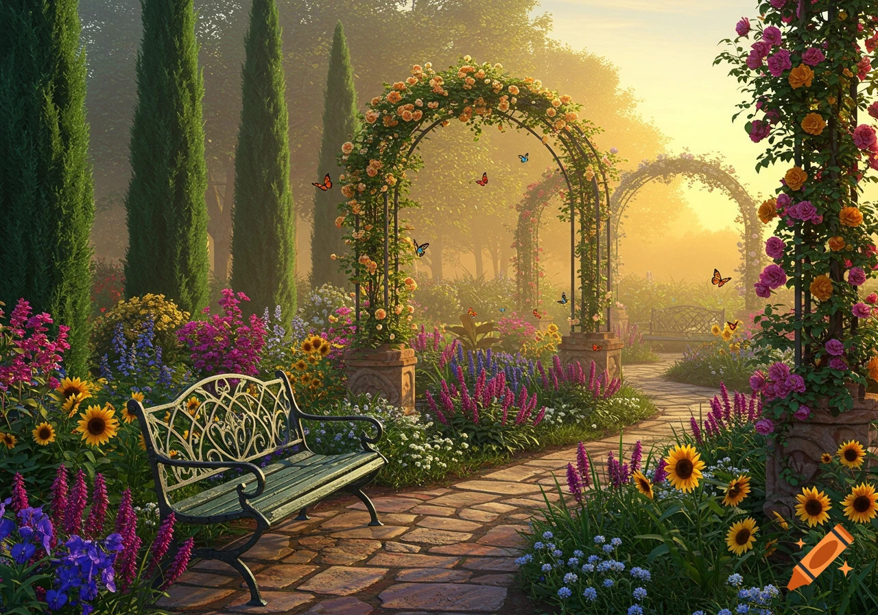 A vibrant garden path winding through colorful flowers, tall cypress trees, and rose-covered arches under a golden, misty sky, with a decorative bench.