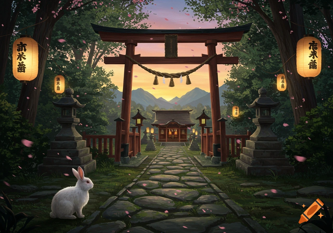 A white rabbit sits on a stone path leading to a Japanese shrine with a torii gate, surrounded by cherry blossom trees and lanterns at sunset in a digital painting.