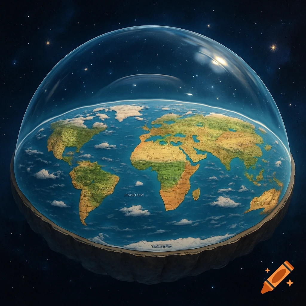 A flat earth map showing continents and oceans under a transparent dome, surrounded by stars in space.