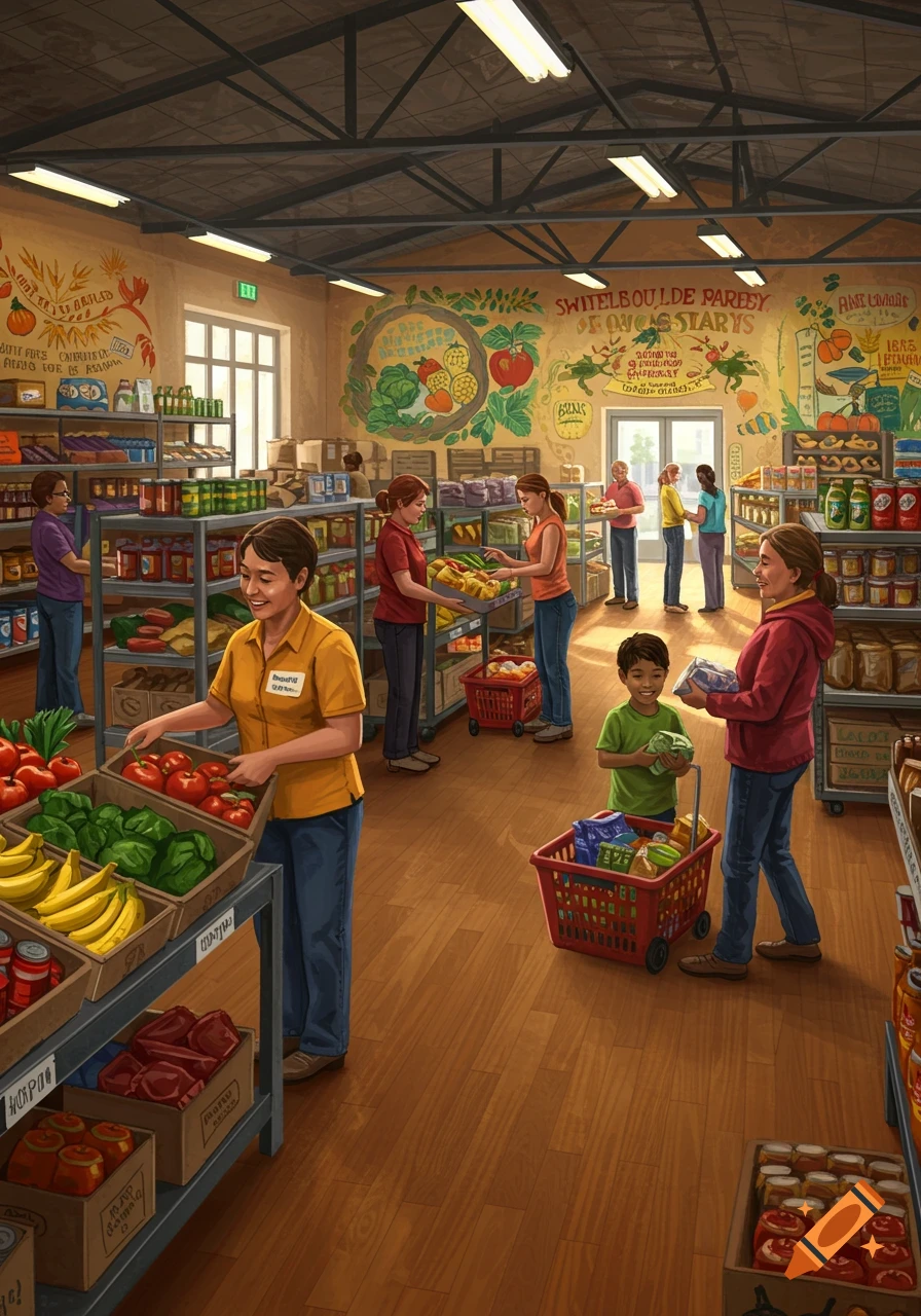 An illustrated scene of a bustling food bank where people shop for groceries, stock shelves, and a child pushes a cart.