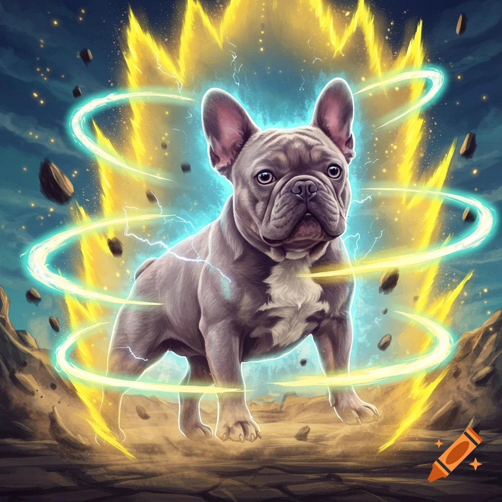 A lilac French bulldog stands powerfully amidst a vibrant yellow and teal energy aura with floating rocks, in a dynamic digital art style.