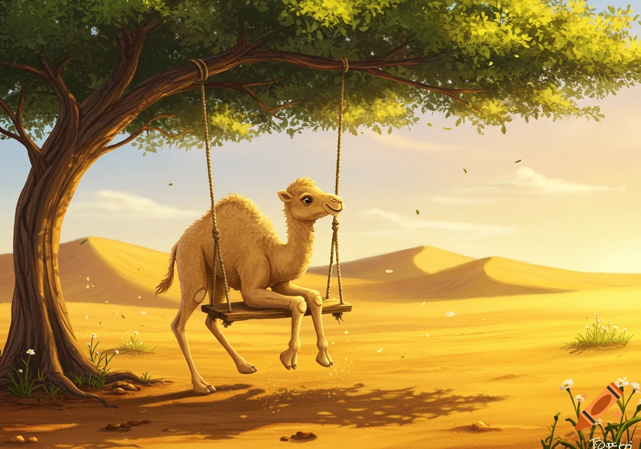A cute baby camel sits smiling on a wooden swing hanging from a leafy tree in a sunny desert landscape with sand dunes.