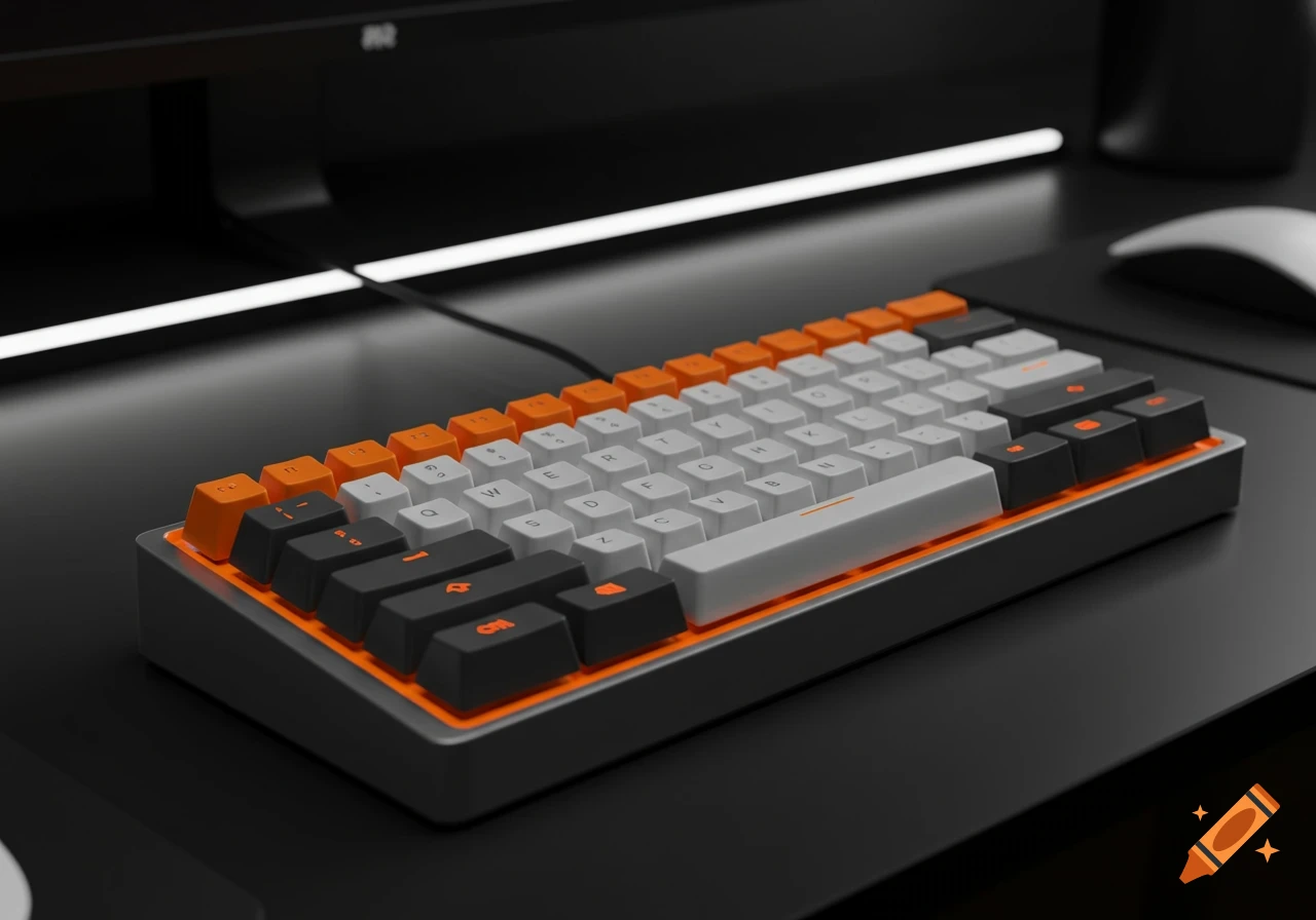 A photorealistic custom keyboard with white, dark grey, and orange keycaps on a black desk with a monitor.