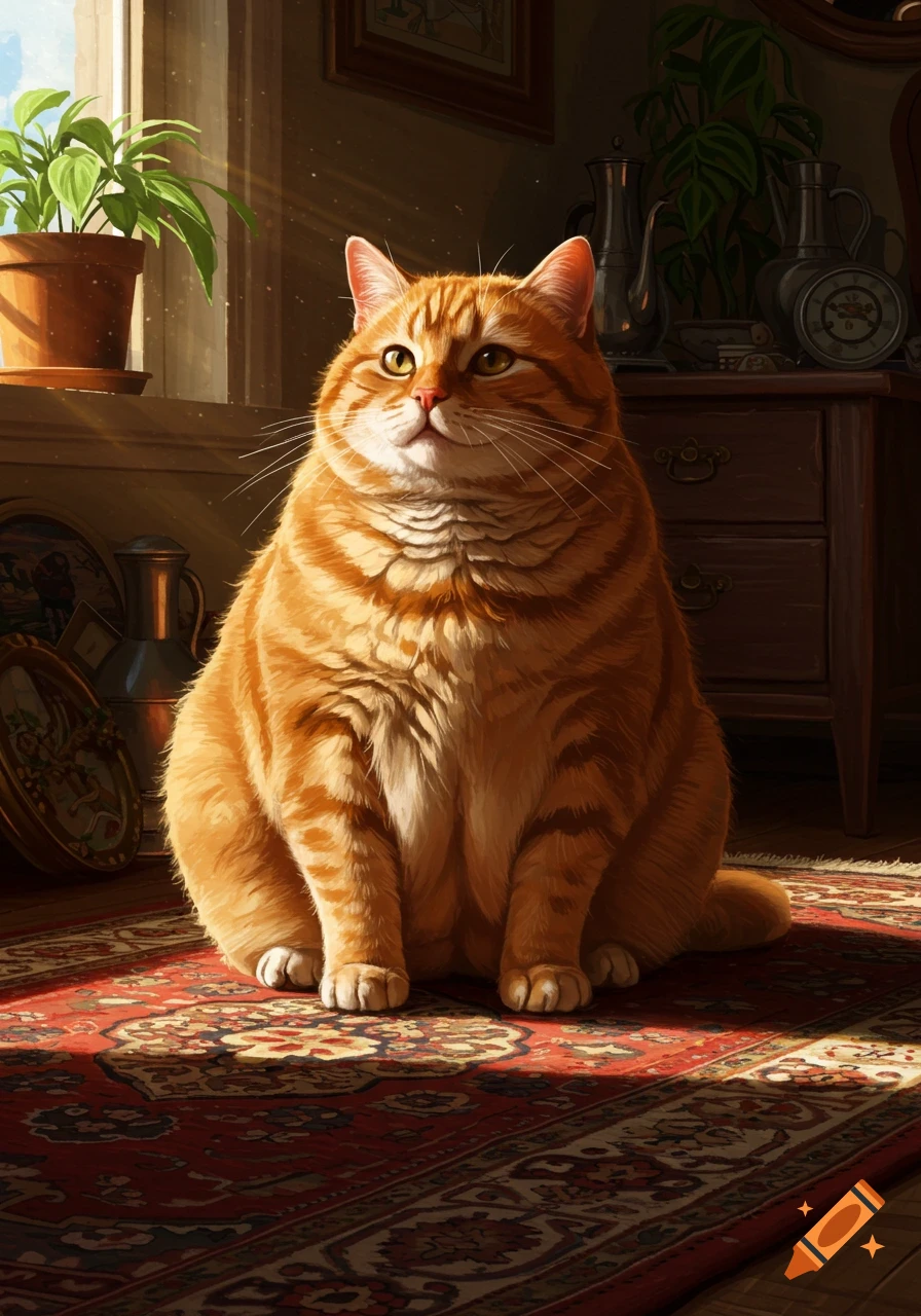 A plump orange tabby cat sits on a detailed red and blue rug, bathed in sunlight streaming from a window.