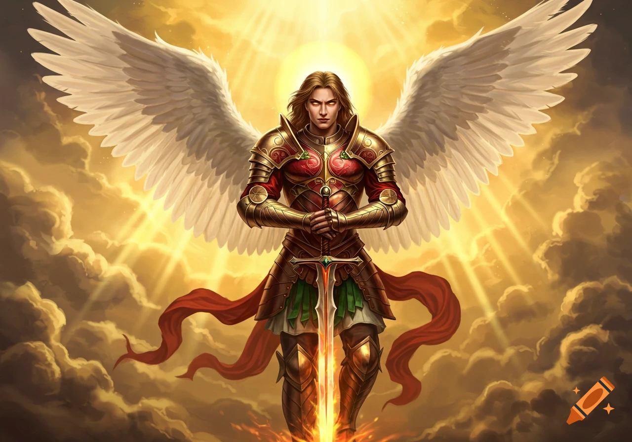An archangel with white wings and golden, red, and green armor stands holding a flaming sword amidst a bright, cloudy sky.
