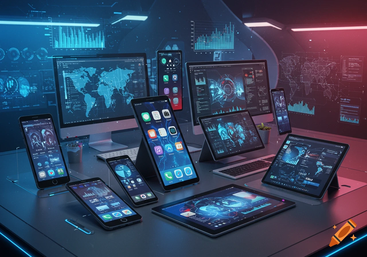 A desk full of smartphones, tablets, and computer monitors displaying futuristic data interfaces in a neon-lit tech room.